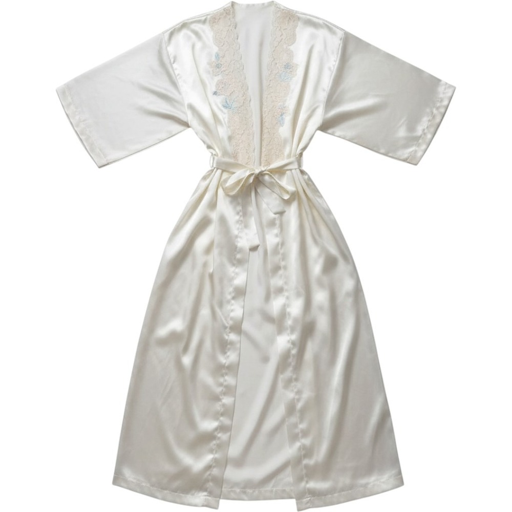 Val Mode Vintage 80s Satin Robe Lace Floral Embroidery White Women Medium Long
